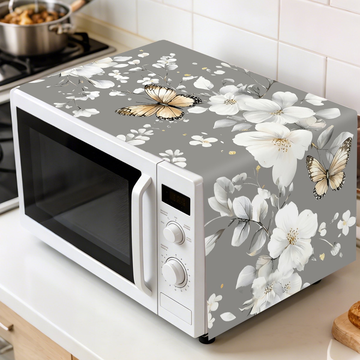 Kitchen Appliances In White - 1 ชิ้น ผ้าคลุมกันฝุ่นไมโครเวฟลายดอกไม้สีขาว 35x85 ซม. ลายผีเสื้อ